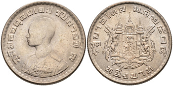 Таиланд 1 бат 1962 BE 2505, король Рама IX, молодой портрет KM 84 медно-никель UNC 189-1024