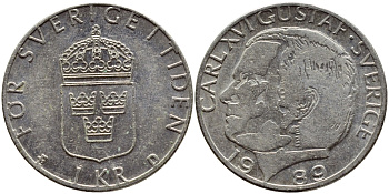 Швеция 1 крона 1989 Карл XVI Густав (1973- ) KM 852a медно-никель 4397-1247