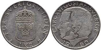 Швеция 1 крона 1990 Карл XVI Густав (1973- ) KM 852a медно-никель 4398-1252