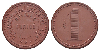 Чили, Курико (Curico), Антофагаста шахтерский жетон с Селитряного рудника для покупки в местных магазинах, номиналом в 1 песо 1880-1920 диаметр 40,5 мм, вес 5,68 гр Espinosa 86.3 эбонит (красный) 1094-11-62