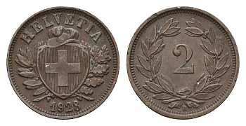 Швейцария 2 раппена 1928 B KM 4.2 бронза 46-854