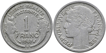 ФРАНЦИЯ 1 ФРАНК 1947 В KM 885а.2 алюминий 23-733