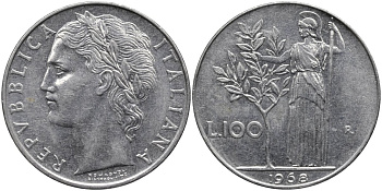 Италия 100 лир 1968 R, Афина в доспехах KM 96.1 нержавеющая сталь 4165-214