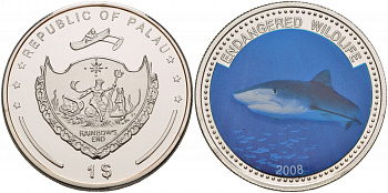 Палау 1 доллар 2008 серия вымирающие виды, синяя акула, цветная эмаль KM 201 медно-никель PROOF 1088-7-13 M10-1