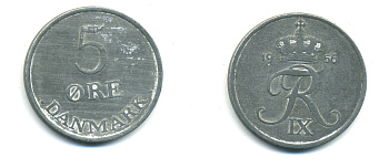 Дания 2 эре 1956 C; S, Фредерик IX (1947-1972) KM 840.2 цинк 80-1154