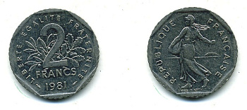 ФРАНЦИЯ 2 ФРАНКА 1981 СЕЯТЕЛЬ KM 942.1, LE FRANC 272.5 никель 25-2432