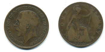 Великобритания 1 пенни 1915 Георг V (1910-1936) KM 810, Spink 4051 бронза 4110-132