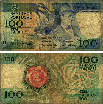 ПОРТУГАЛИЯ 100 ЭСКУДО 1988 26 МАЯ 1988, ФЕРНАНДО ПЕССОА ПОРТУГАЛЬСКИЙ ПОЭТ Pick 179е бумага 6266-43-2-2