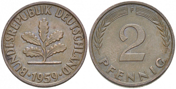 ФРГ 2 ПФЕННИГА 1959 F KM 106, J. 381 бронза 3955-625