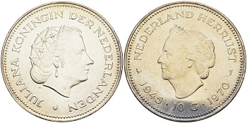 Нидерланды 10 гульденов 1970 25 лет освобождения от фашизма (1945-1970), Юлиана KM 195 серебро UNC 4368-834