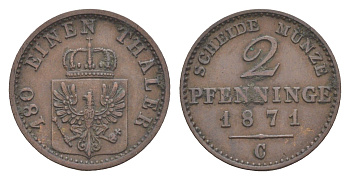 Пруссия 2 пфеннига 1871 C, Вильгельм I (1861-1888) KM 481, Jaeger 51, AKS 107, Olding 425 медь 4651-325