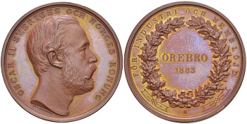 ШВЕЦИЯ МЕДАЛЬ 1883 ОСКАР II КОРОЛЬ ШВЕЦИИ И НОРВЕГИИ, ХУДОЖЕСТВЕННАЯ И ПРОМЫШЛЕННАЯ ВЫСТАВКА В ЭРЕБРУ 1883, МЕДАЛЬЕР LEA AHLBORN, ДИАМЕТР 43 ММ., ВЕС 37,74 ГР. бронза UNC 1084-4-13