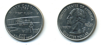 США 25 центов = квотер 2001 D, серия штаты США, Северная Каролина KM 319 медь плакированная медно-никелем 4388-747