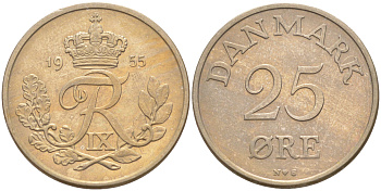 Дания 25 эре 1955 N; S, Фредерик IX (1947-1972) KM 842.1 медно-никель UNC 106-227