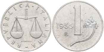 Италия 1 лира 1955 R, весы KM 91 алюминий  UNC  4594-745