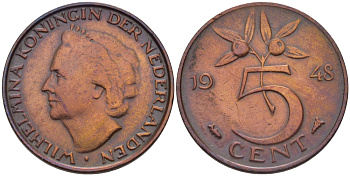 НИДЕРЛАНДЫ 5 ЦЕНТОВ 1948 ВИЛЬГЕЛЬМИНА KM 177 бронза 67-731