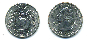 США 25 центов = квотер 1999 D, серия штаты США, Джорджия KM 296 медь плакированная медно-никелем 4388-825