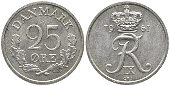 ДАНИЯ 25 ЭРЕ 1961 C; S, ФРЕДЕРИК IX (1947-1972) KM 850 медно-никель аUNC 34-524