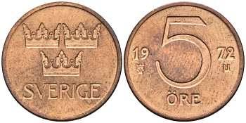 Швеция 5 эре 1972 U, Густав VI Адольф (1950-1973) KM 845 бронза UNC 73-1751