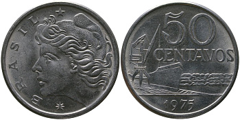 Бразилия 50 сентаво 1975 голова свободы влево KM 580a, Schon 85a нержавеющая сталь UNC 4577-824