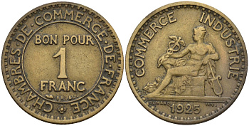 Франция 1 франк 1925 KM 876, Le Franc 218.5 алюминиевая бронза 4142-754