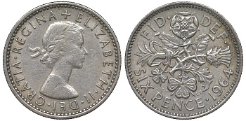 Великобритания 6 пенсов 1964 Елизавета II (1952-2022) KM 903, Spink 4149 медно-никель 4122-626