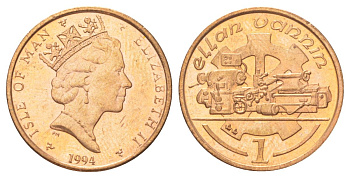 Остров Мэн 1 пенни 1994 АА, токарный станок, Елизавета II (1952) KM 207 бронза UNC 4625-412