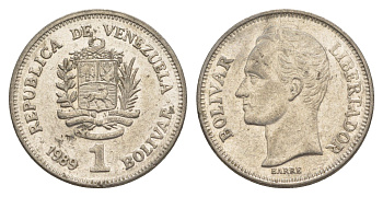 Венесуэла 1 боливар 1989 Симон Боливар, тонкий шрифт Y 52a.1 сталь плакированная никелем 4591-242