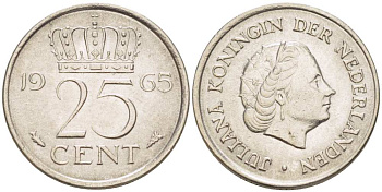 Нидерланды 25 центов 1965 Юлиана (1949-1980) KM 183 никель 3955-153