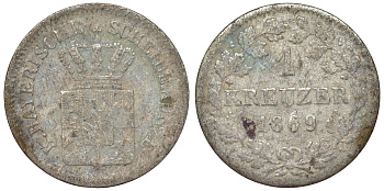 Бавария 1 крейцер 1869 Людвиг II (1864-1886) KM 487 серебро 71-1063