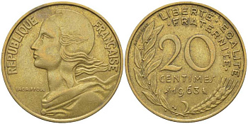 ФРАНЦИЯ 20 САНТИМОВ 1963 ТИП MARIANNE KM 930, LE FRANC 156.3 медь алюминий никель 175-814