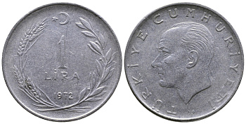 Турция 1 лира 1972 Мустафа Кемаль Ататюрк KM 889а.2 нержавеющая сталь 29-944