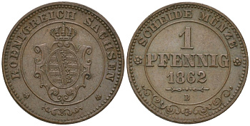 Саксония 1 пфенниг 1862 B, Иоганн I (1854-1873) KM 1216, AKS 155 медь aUNC 4547-249