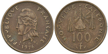 Французская Новая Каледония 100 франков 1976 хижина среди сосен и пальм, (IEOM) KM 15, Schoen 16, Lec 130 никель латунь 4137-515