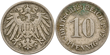 Германия 10 пфеннигов 1907 D J. 13,  KM 12 медно-никель    4603-722