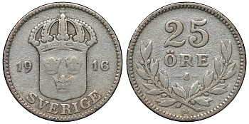 Швеция 25 эре 1916 W, Густав V (1907-1950) KM 785 серебро 4115-347