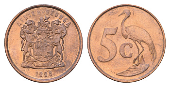 ЮАР 5 центов 1998 герб, райский журавль KM 160 сталь плакированная медью UNC 4679-168