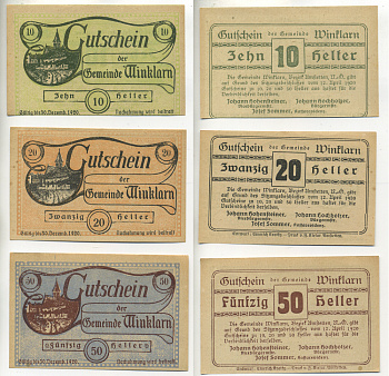 Австрия набор из 3 банкнот 1920 12 апреля 1920 до 30 декабря 1920, нотгельд, 10, 20, 50 геллеров, WINKLARN   бумага  aUNC  7555-7-1-2