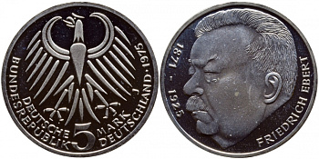 ФРГ 5 марок 1975 J, 50 лет со дня смерти Фридриха Эберта J. 416, KM 141 серебро PROOF 1520-1322