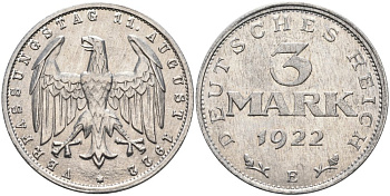 Германия 3 марки 1922 Е, третья годовщина Веймарской Конституции KM 29, J.303 алюминий UNC 4574-745