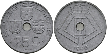 БЕЛЬГИЯ 25 САНТИМОВ 1946 BELGIE-BELGIQUE, ГЕРМАНСКАЯ ОККУПАЦИЯ, ВТОРАЯ МИРОВАЯ ВОЙНА KM 132 цинк 94-453