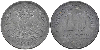 ГЕРМАНИЯ 10 ПФЕННИГОВ 1921 (1917-1922) KM 26, J. 299, Weege 8 цинк 210-256