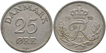 Дания 25 эре 1953 N; S, Фредерик IX (1947-1972) KM 842 медно-никель 175-715