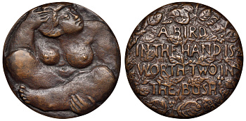 Нидерланды медаль 1980 птица в руке лучше чем две в кустах, эротика, обнаженная, диаметр 60 мм Vathorst Til. 407 бронза 1069-8-41