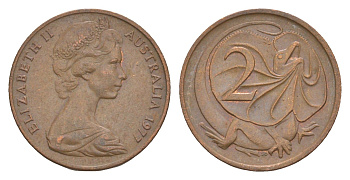 Австралия 2 цента 1977 Елизавета II (1952-2022), плащеносная ящерица KM 63 бронза 4580-964