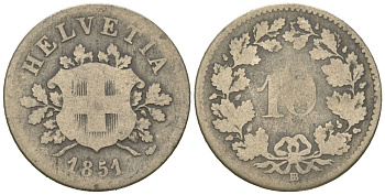 Швейцария 10 раппенов 1851 BB KM 6 серебро 4160-1111
