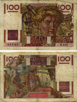 ФРАНЦИЯ 100 ФРАНКОВ 1951 2 НОЯБРЯ 1951, КРЕСТЬЯНКА С ВОЛАМИ Pick 128d бумага 7183-17-1-2