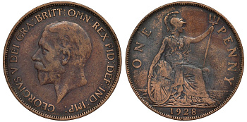Великобритания 1 пенни 1928 Георг V (1910-1936) KM 838, Spink 4055 бронза 4123-1022