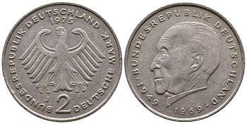 ФРГ 2 МАРКИ 1975 J, КОНРАД АДЕНАУЭР KM 124, J. 406 медно-никель плакированный никелем 56-1035