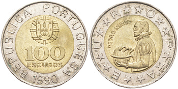 Португалия 100 эскудо 1990 Педру Нуниш (1502-1578), математик KM 645.1 биметалл 4448-717